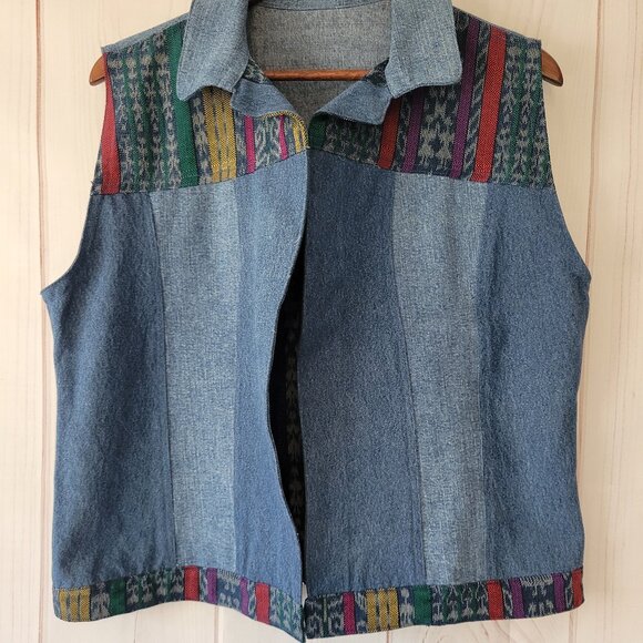 Vintage Guatemalan Denim Shacket Vest, Women’s L, 90’s Patchwork Denim Design - Picture 2 of 6